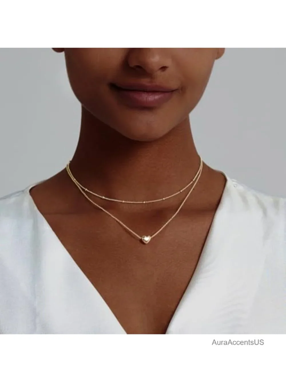 14K Gold Plated Layered Heart Pendant Necklace for Women